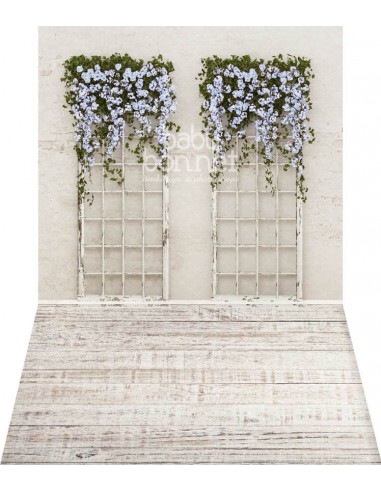 Flores azules que penden (fondo fotográfico - pared y suelo)