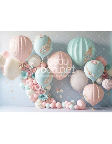 Balões ar quente azul e rosa pastel (fundo fotográfico)