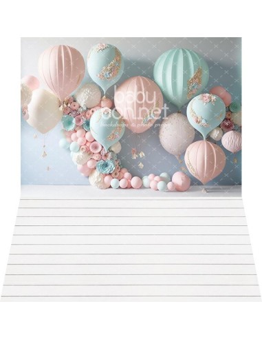 Balões ar quente azul e rosa pastel (fundo fotográfico - parede e chão)