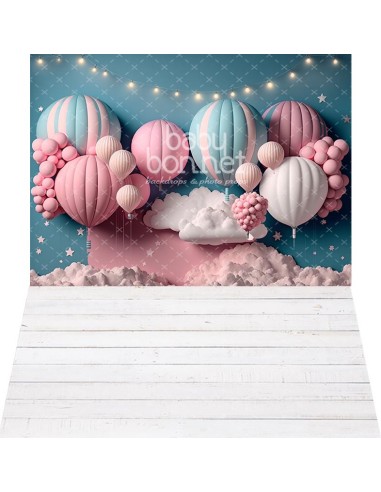 Blue and pink hot air balloons with clouds (backdrop - wall and floor)