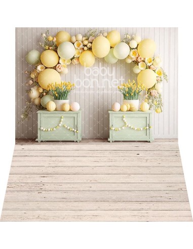 Vintages chests with yellow garland (backdrop - wall and floor)