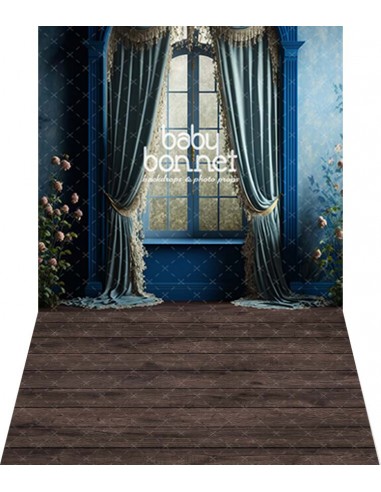 Janela clássica azul com renda (fundo fotográfico - parede e chão)