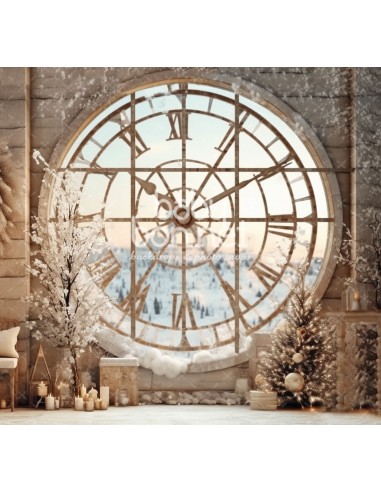 Wall with clock and snow background (backdrop)