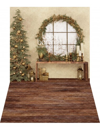 Fenêtre avec couronne de Noël (fond de studio - mur et sol)