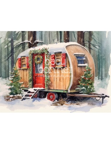 Caravana de madera en la nieve (fondo fotográfico)