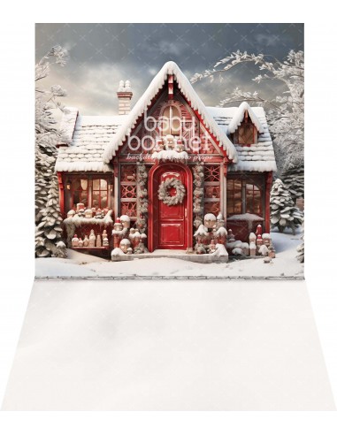 Petite maison rouge dans la neige (fond de studio - mur et sol)