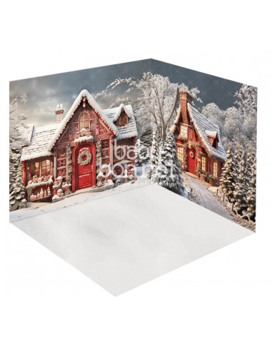 Petite maison rouge dans la neige (fond de studio 3D)