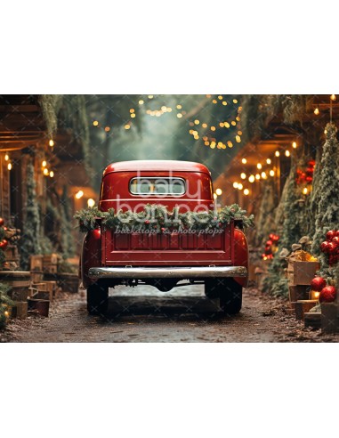 Carrinha vermelha com iluminação de Natal (fundo fotográfico)