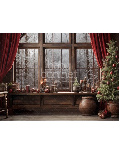 Rustic living room with velvet curtains (backdrop)