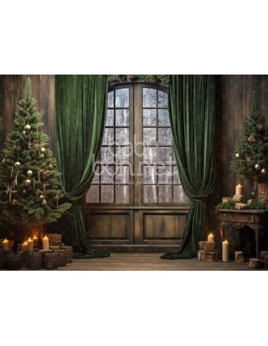 Sala rústica com cortina verde (fundo fotográfico)