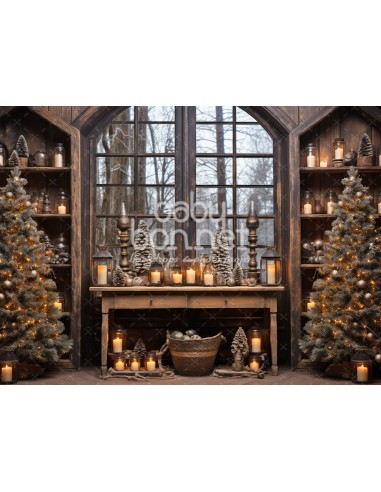 Salón de madera con decoración navideña (fondo fotográfico)