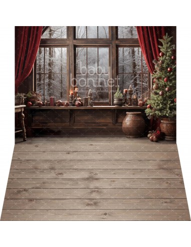 Rustic living room with velvet curtains (backdrop - wall and floor)
