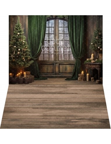 Sala rústica com cortina verde (fundo fotográfico - parede e chão)