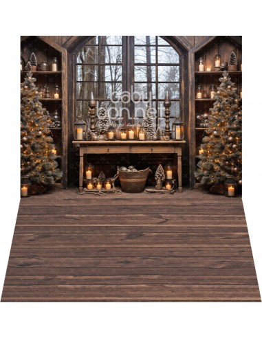 Salón de madera con decoración navideña (fondo fotográfico - pared y suelo)