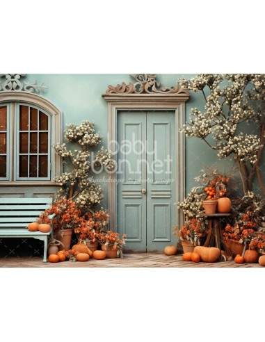 Turquoise façade with pumpkins (backdrop)