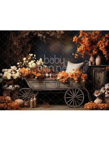 Chariot avec des fleurs d'automne (fond de studio)