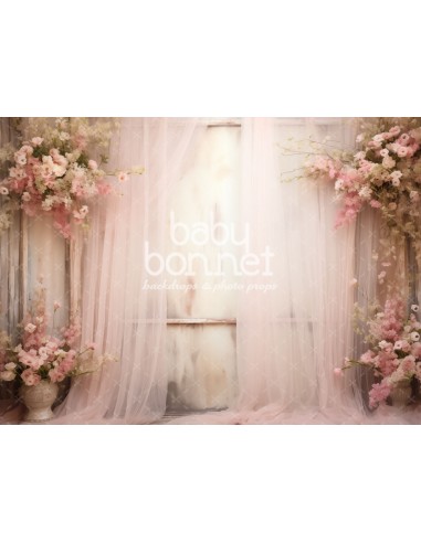 Tulle curtains and floral arrangements (backdrop)