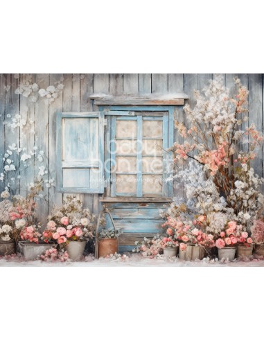 Blue shutters and wild flowers (backdrop)