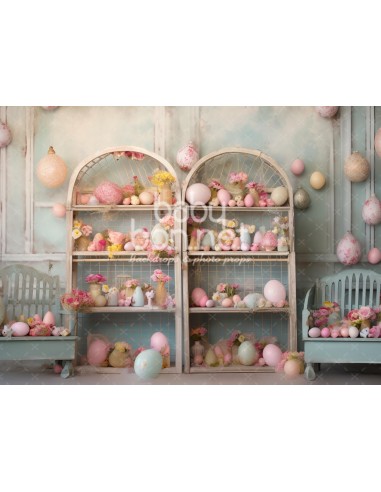 Shelves with colored eggs and almonds (backdrop)
