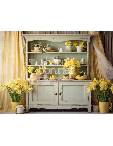 Green cabinet with yellow curtain (backdrop)