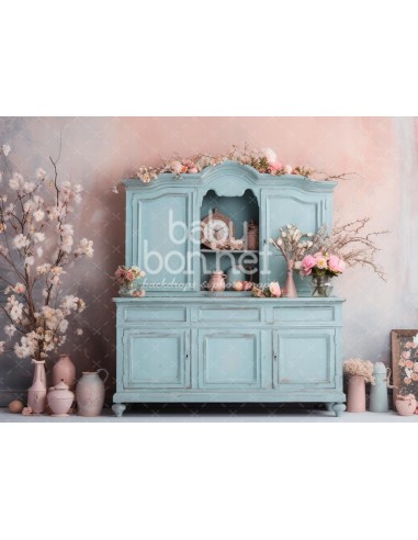 Turquoise furniture with pink decor (backdrop)