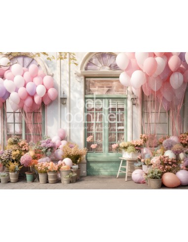 Façade avec ballons et fleurs (fond de studio)