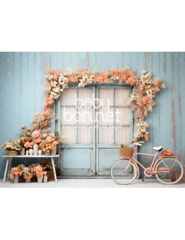 Façade avec cadre floral et bicyclette (fond de studio)