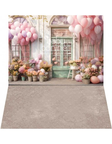 Fachada com balões e flores (fundo fotográfico - parede e chão)