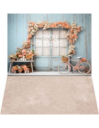 Façade avec cadre floral et bicyclette (fond de studio - mur et sol)