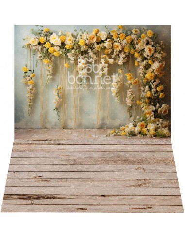 Curtain with hanging yellow flowers (backdrop - wall and floor)