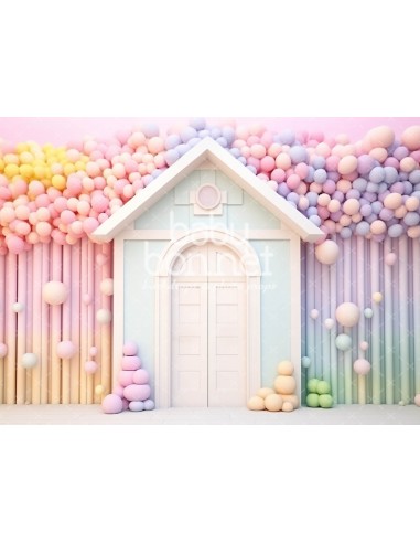 Petite maison avec ballons colorés (fond de studio)
