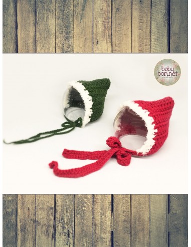 Pixie baby bonnet in christmas tones and fluffy rim
