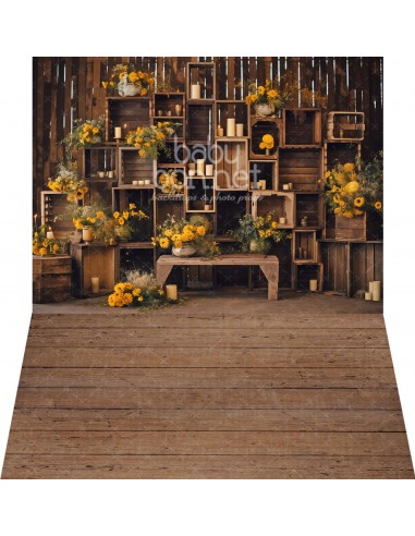 Cajas, flores y velas (fondo fotográfico - pared y suelo)