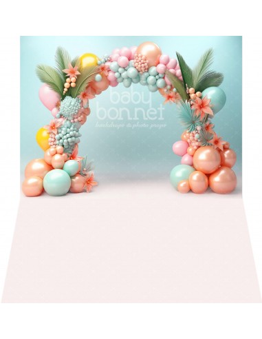 Balloon arch with palm leaves (backdrop - wall and floor)