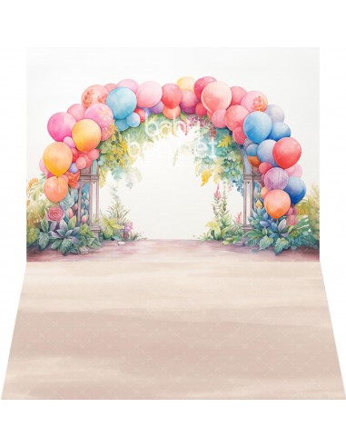Arco de balões sobre arcada em aguarela (fundo fotográfico - parede e chão)