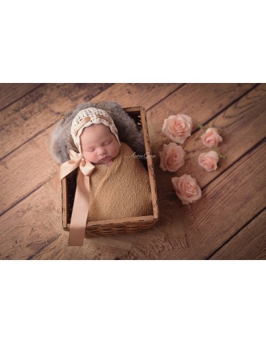 Antoinette baby bonnet with satin golden ribbon