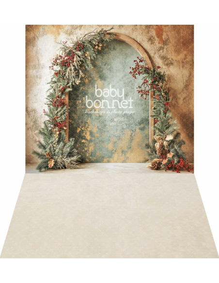 Arco de madeira com decoração de azevinho (fundo fotográfico - parede e chão)