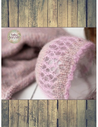 Baby bonnet with blended effect in muted tones and lace, with or without wrap (various colors)
