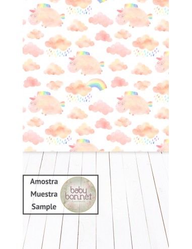 Pattern of unicorns in salmon (backdrop - wall and floor)