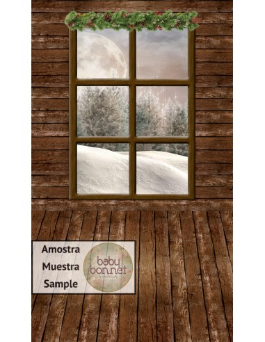 Grande fenêtre en bois avec paysage d'hiver (fond de studio - mur et sol)