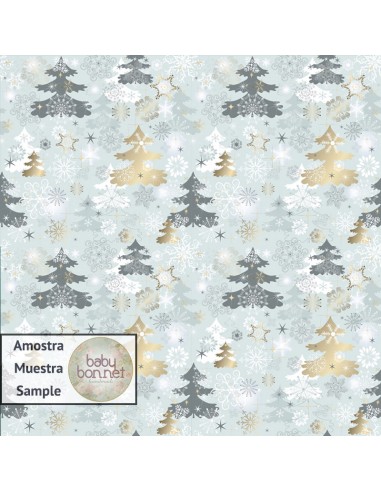 Patrón de pinos de Navidad dorados y gris (fondo fotográfico)